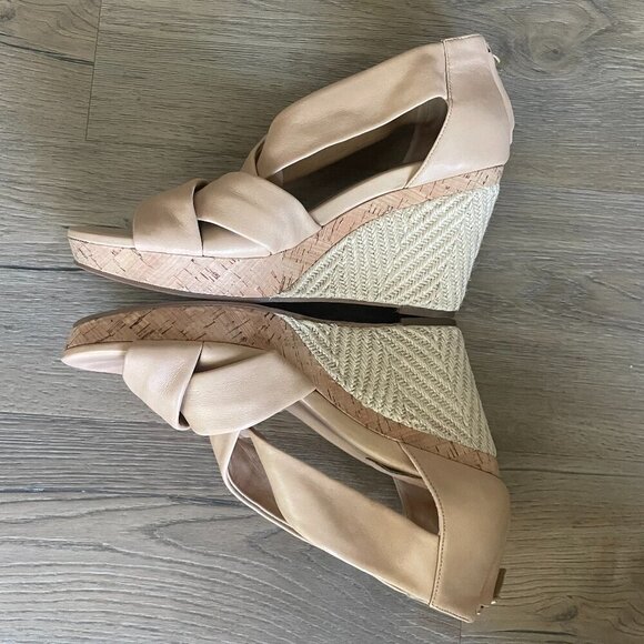 Cole Haan Air BEIGE Leather Strappy Wedge Sandal Cork Espadrille Platform 10B! - Picture 4 of 8